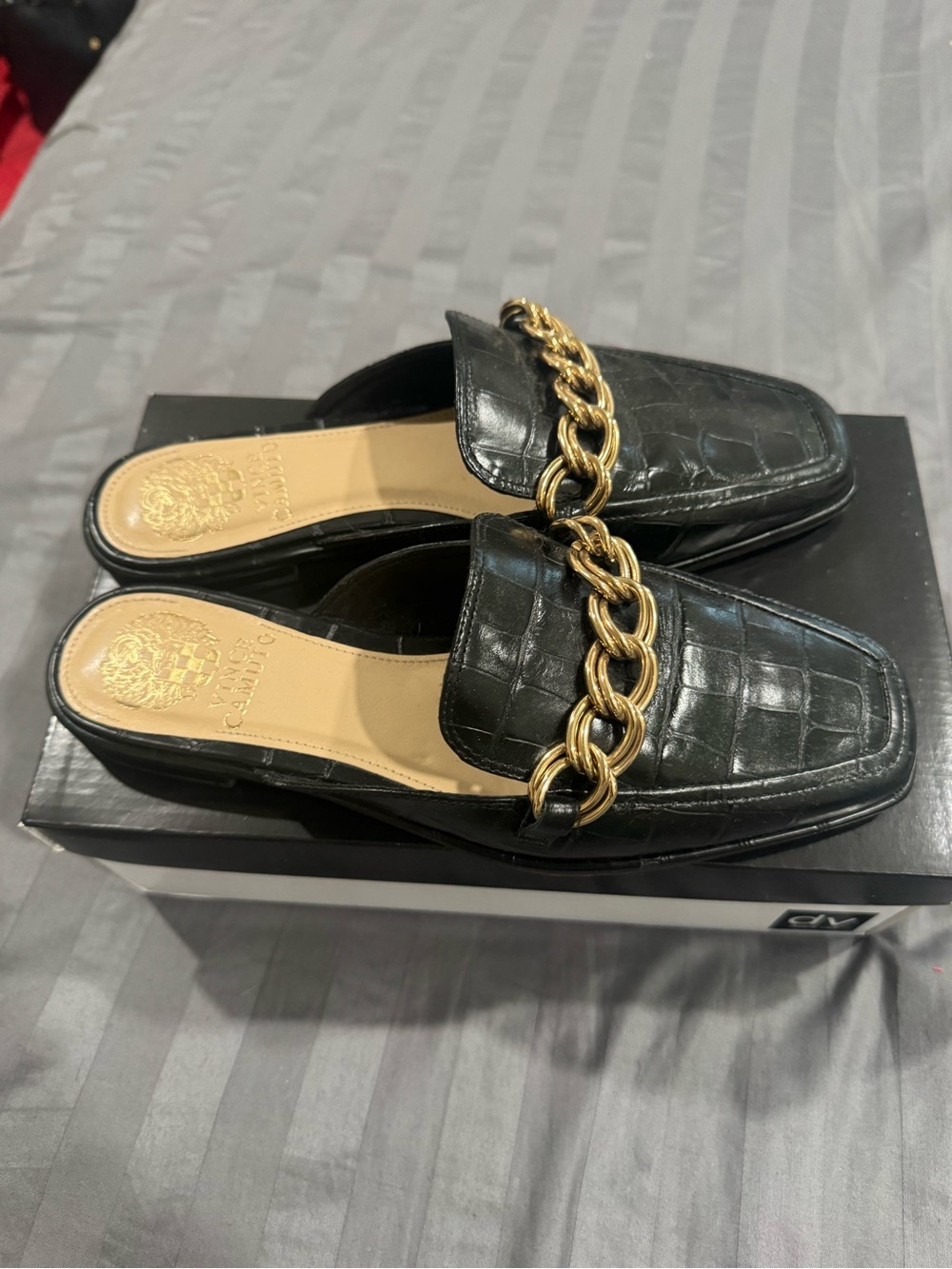 Vince Camuto Black Croc-Embossed Mule with Gold Chain